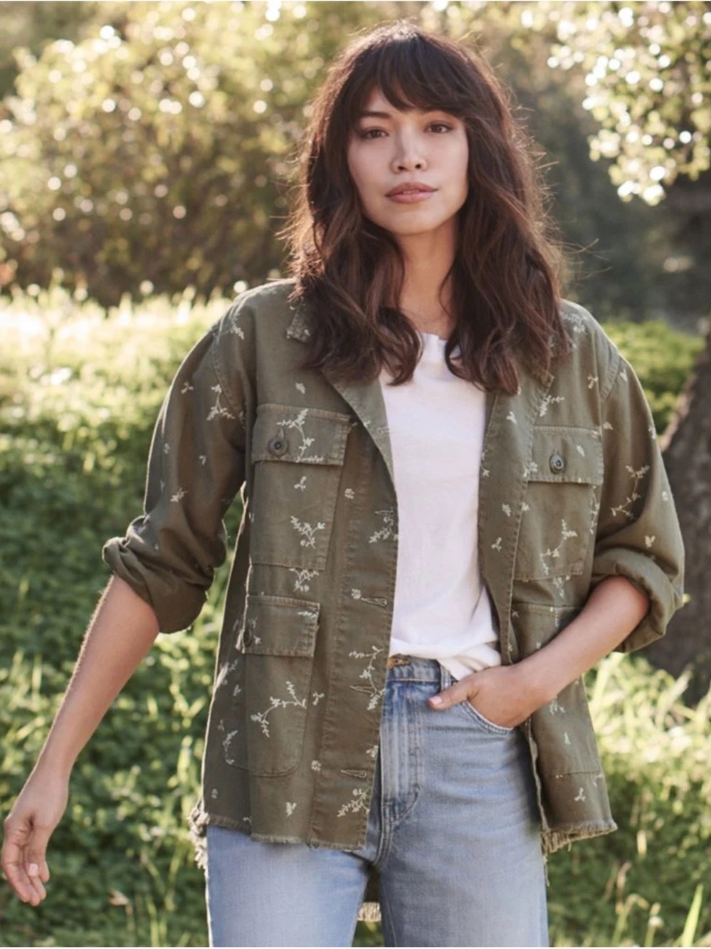 THE GREAT. Olive Green Floral-Print Utility Jacket
